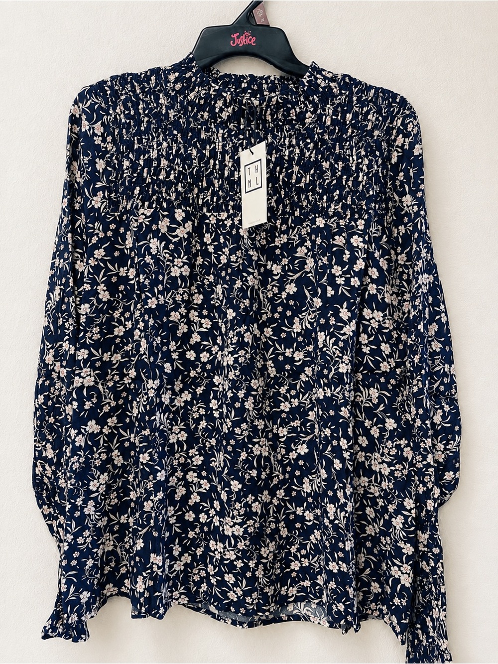 THML Navy Floral Smocked Long-Sleeve Blouse